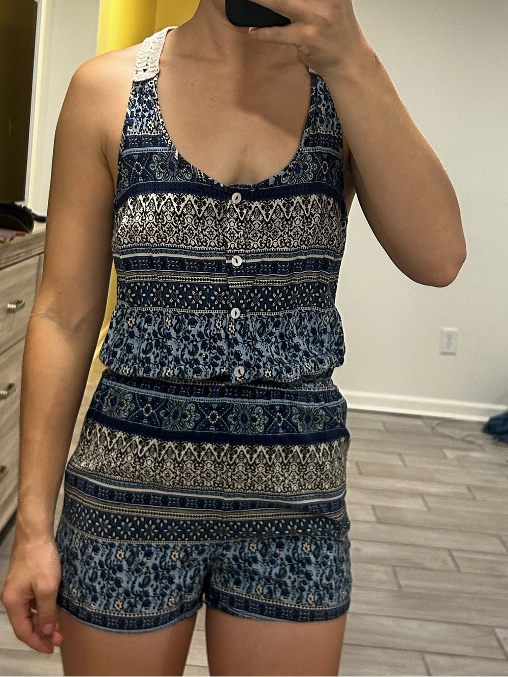 Forever 21 Blue Patterned Sleeveless Romper with Button Front